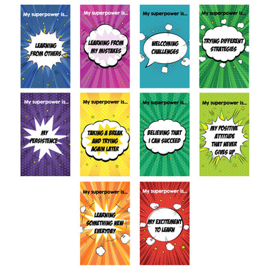 Growth mindset cards for kids | 10 collectible positive affirmations cards with motivational quotes for students to promote mindfulness for kids | Each superpower card is 3"x5"